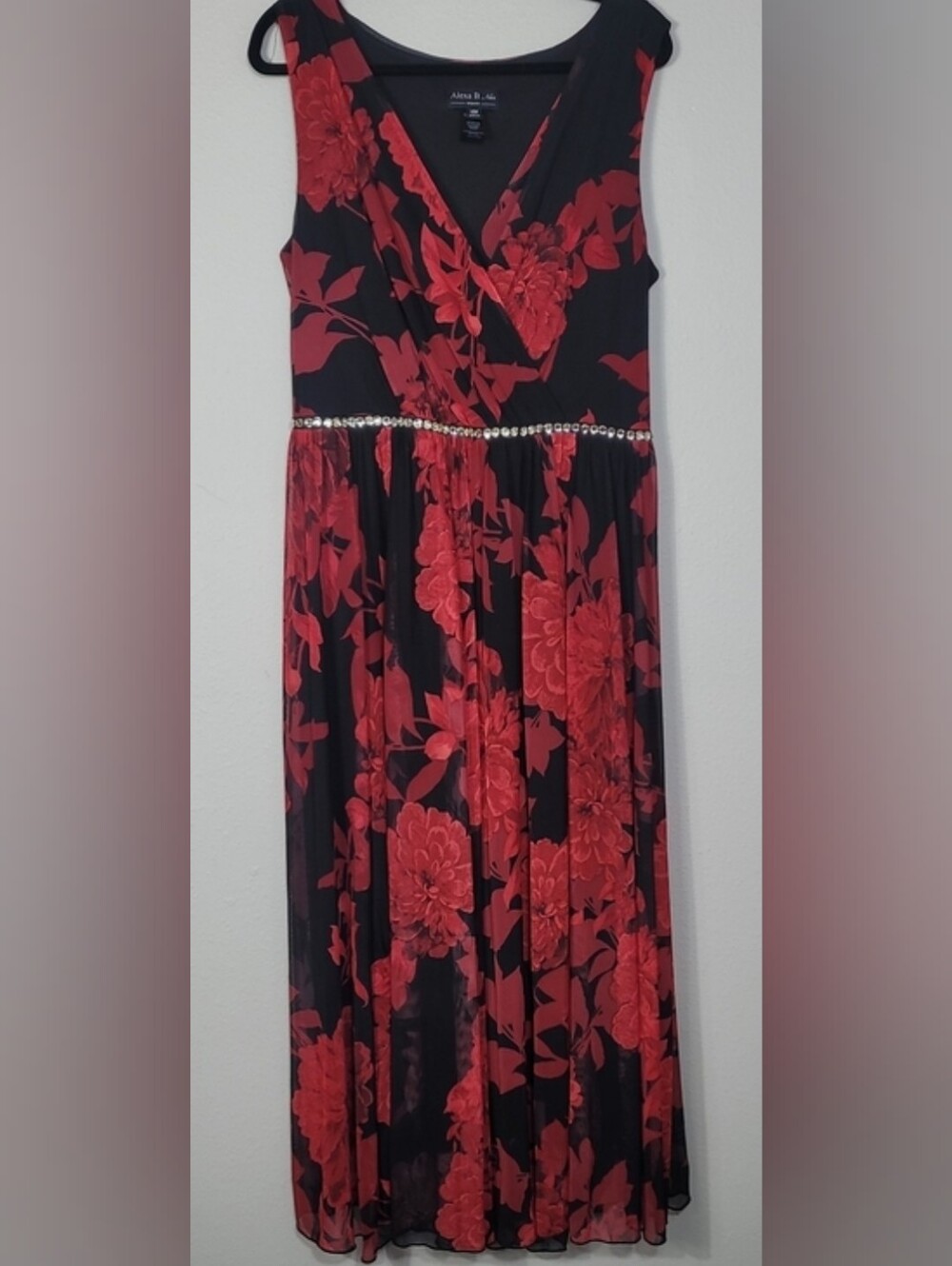 Vintage Alex B Formal Maxi Dress Size 14W Black Red Floral Dark Romantic Flowy
